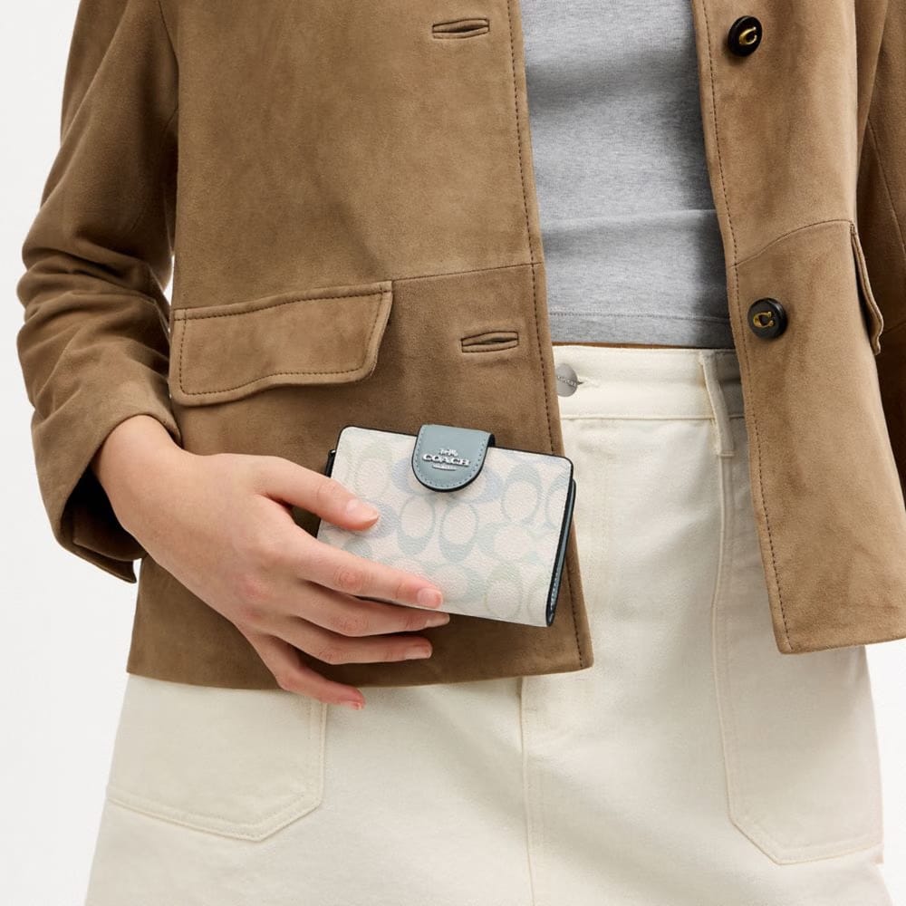 Coach Medium Corner Zip Wallet In Signature Canvas Silver Chalk Blue