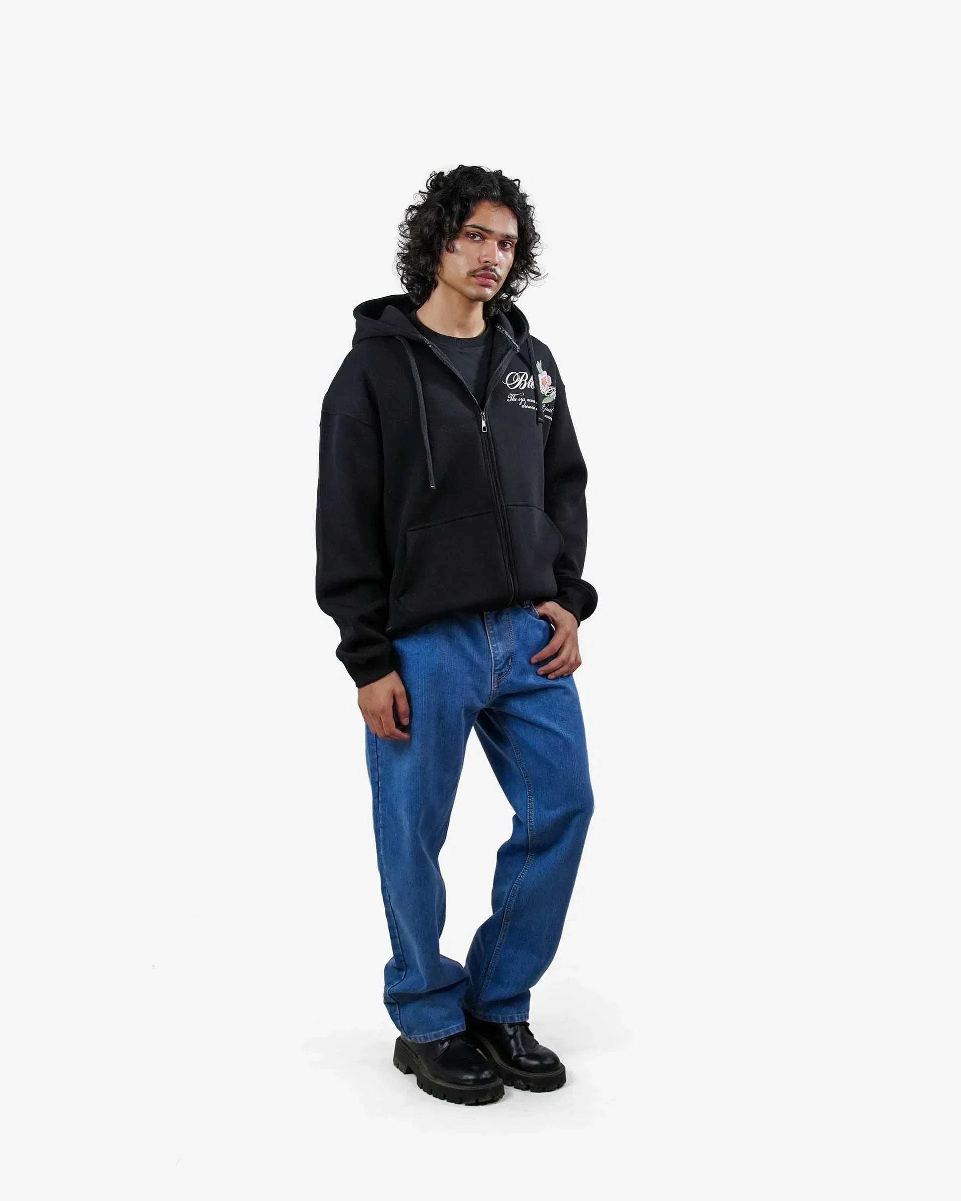 Bloomed - Black Oversized Zipper Hoodie