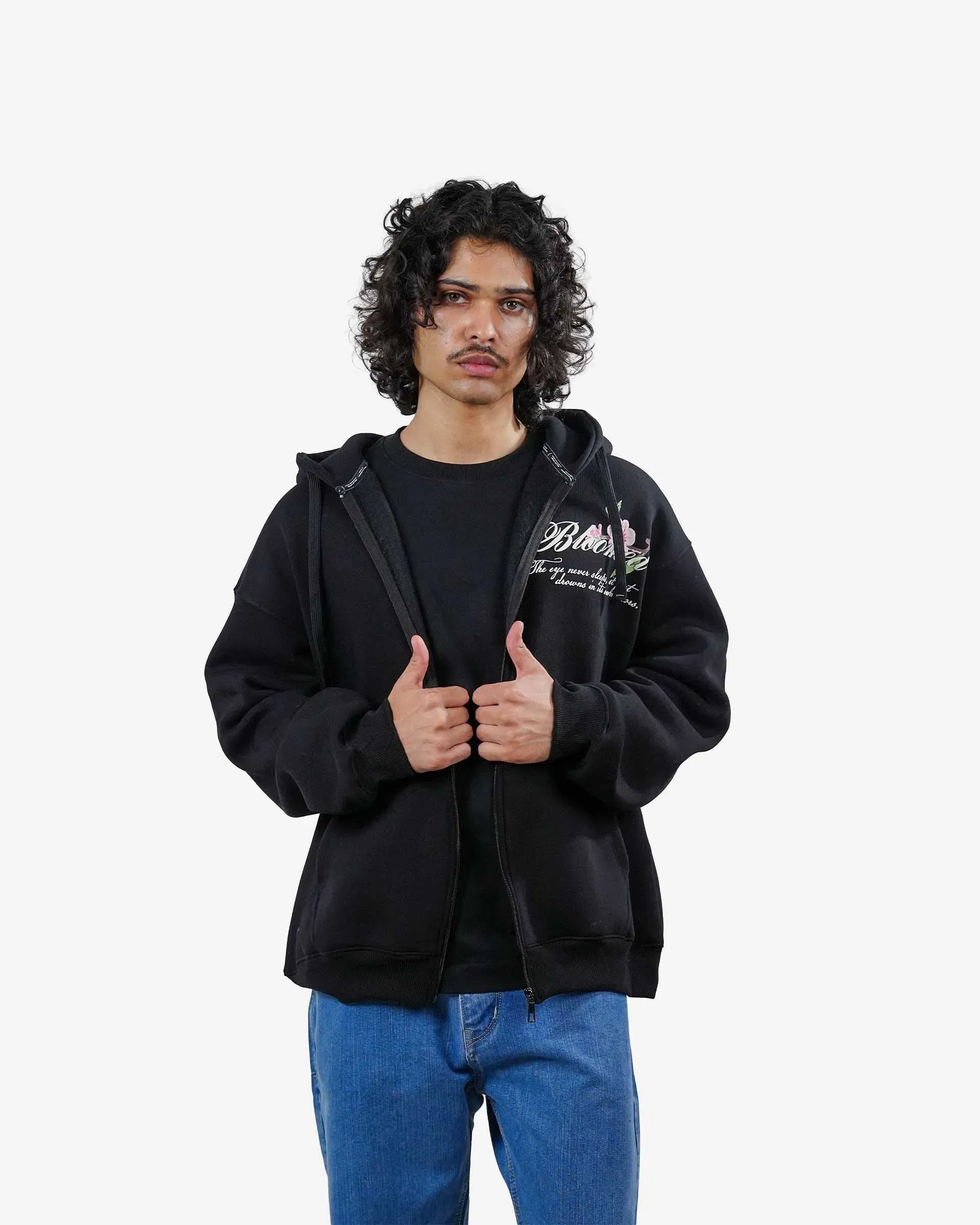 Bloomed - Black Oversized Zipper Hoodie