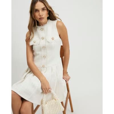 Cream Boucle Pleated Hem Mini Dress