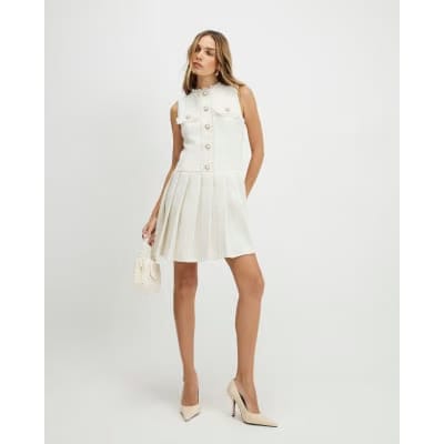 Cream Boucle Pleated Hem Mini Dress
