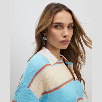 Blue Striped Knitted Polo Shirt