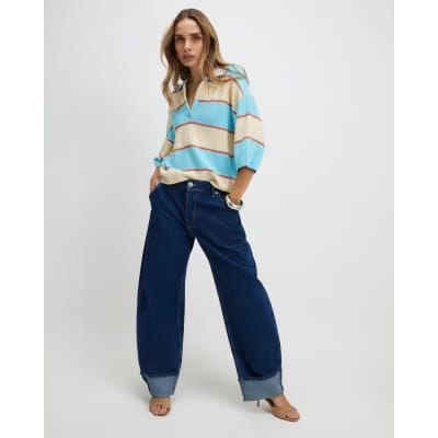 Blue Striped Knitted Polo Shirt