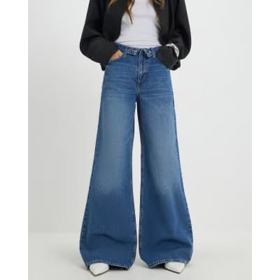 Blue Turned Down Waist Wide Leg Jeans