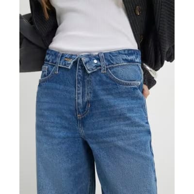 Blue Turned Down Waist Wide Leg Jeans