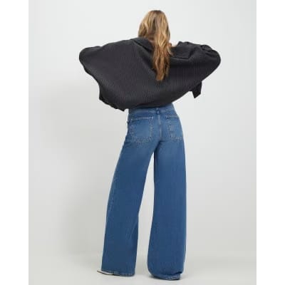 Blue Turned Down Waist Wide Leg Jeans