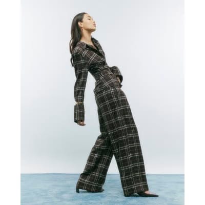 Brown Wide Leg Check Trousers