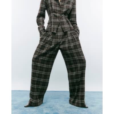 Brown Wide Leg Check Trousers