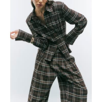 Brown Wide Leg Check Trousers