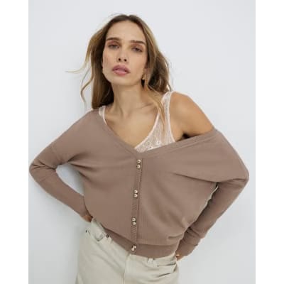 Beige V Neck Button Jumper