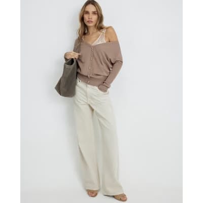 Beige V Neck Button Jumper