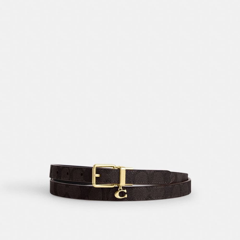 Coach Roller Buckle Cut To Size Reversible Belt In Signature Canvas With Charm, 18 Mm Gold Walnut Black