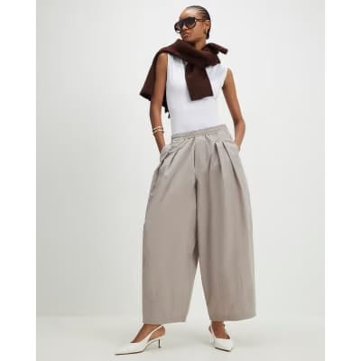 Beige Barrel Leg Pleated Trousers