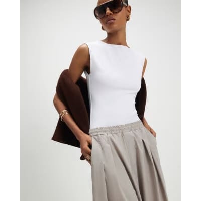 Beige Barrel Leg Pleated Trousers