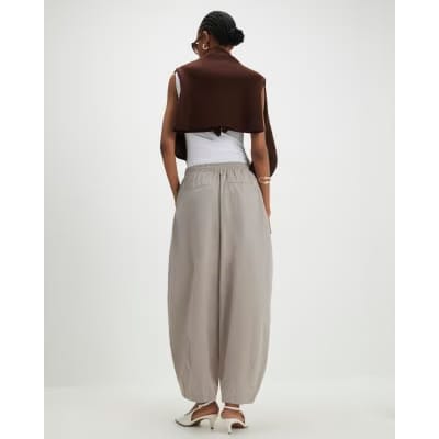 Beige Barrel Leg Pleated Trousers