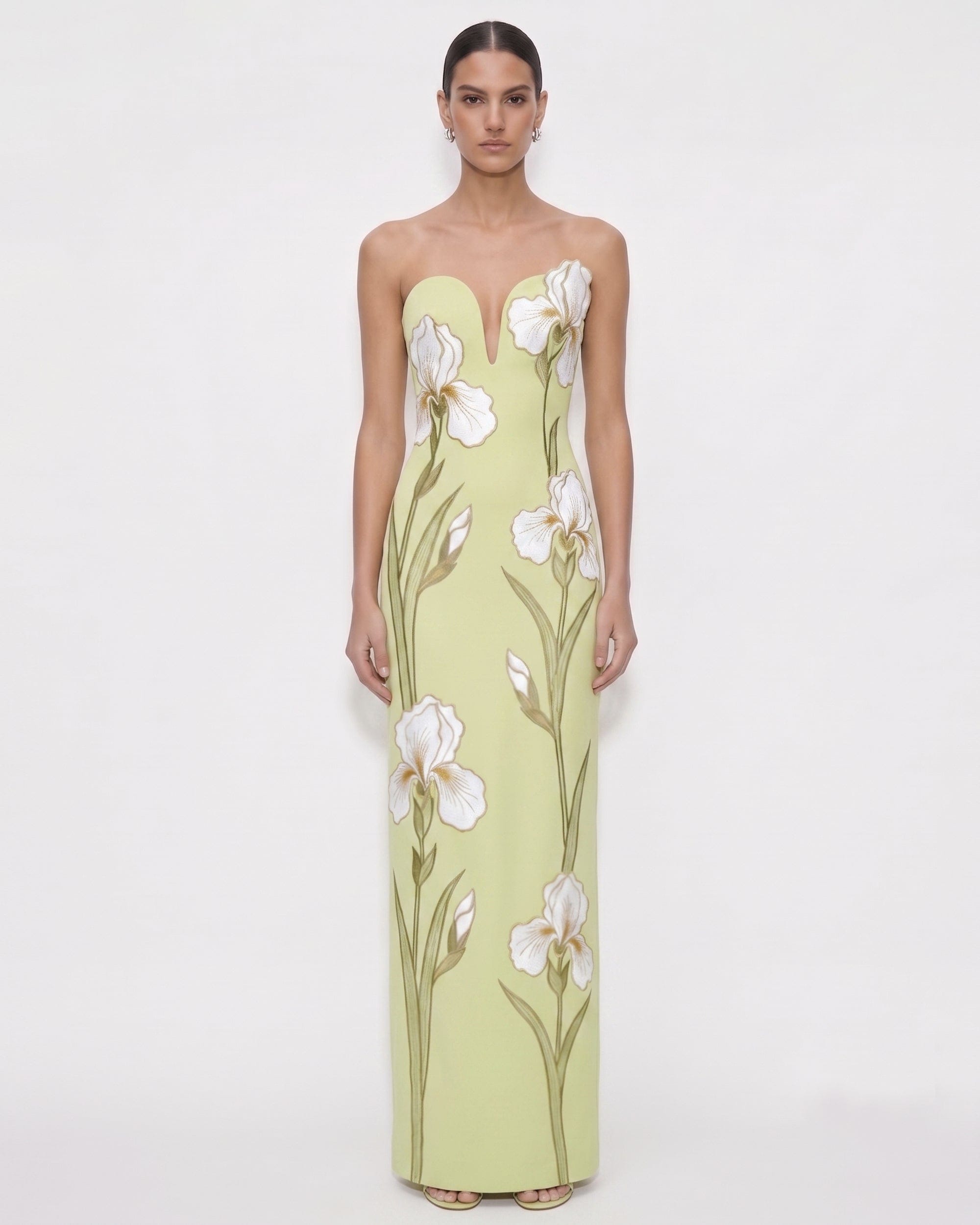 Iris Embroidered Notch Neck Strapless Maxi Dress - Emerald Green
