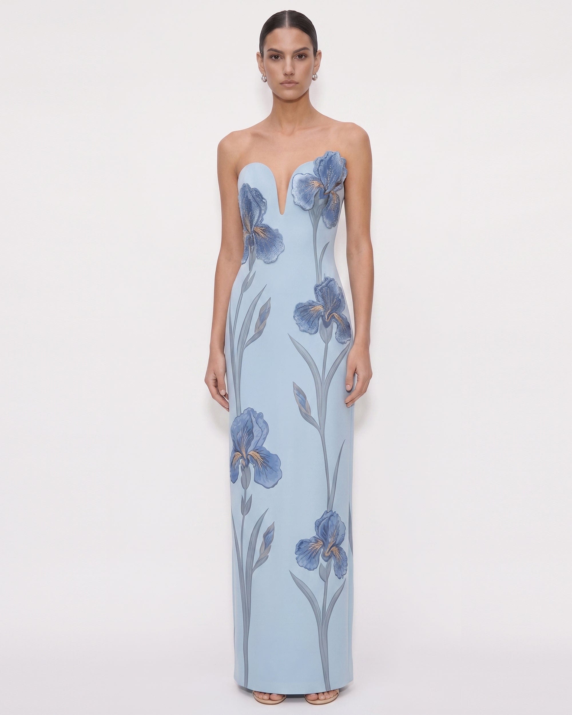 Iris Embroidered Notch Neck Strapless Maxi Dress - Emerald Green
