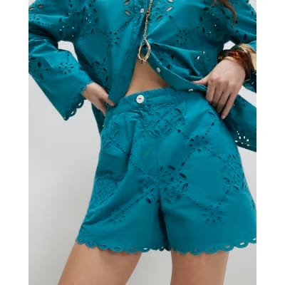 Blue Poplin Broderie Shorts