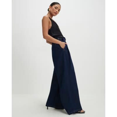 Petite Blue High Rise Pleated Wide Leg Jeans