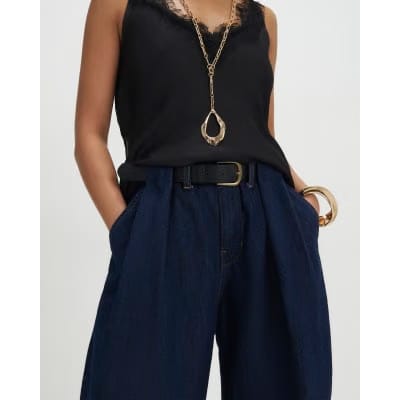 Petite Blue High Rise Pleated Wide Leg Jeans