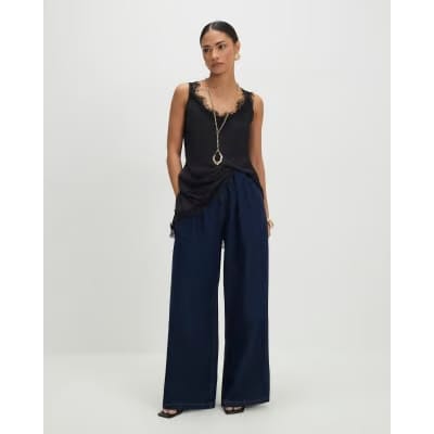 Petite Blue High Rise Pleated Wide Leg Jeans