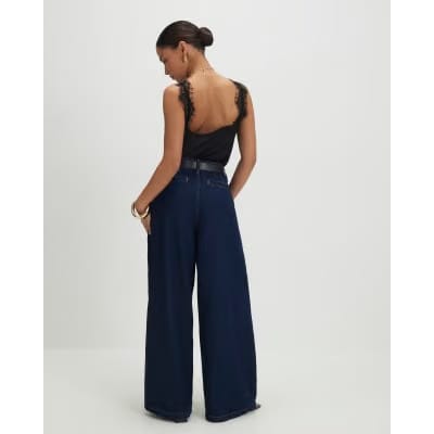 Petite Blue High Rise Pleated Wide Leg Jeans