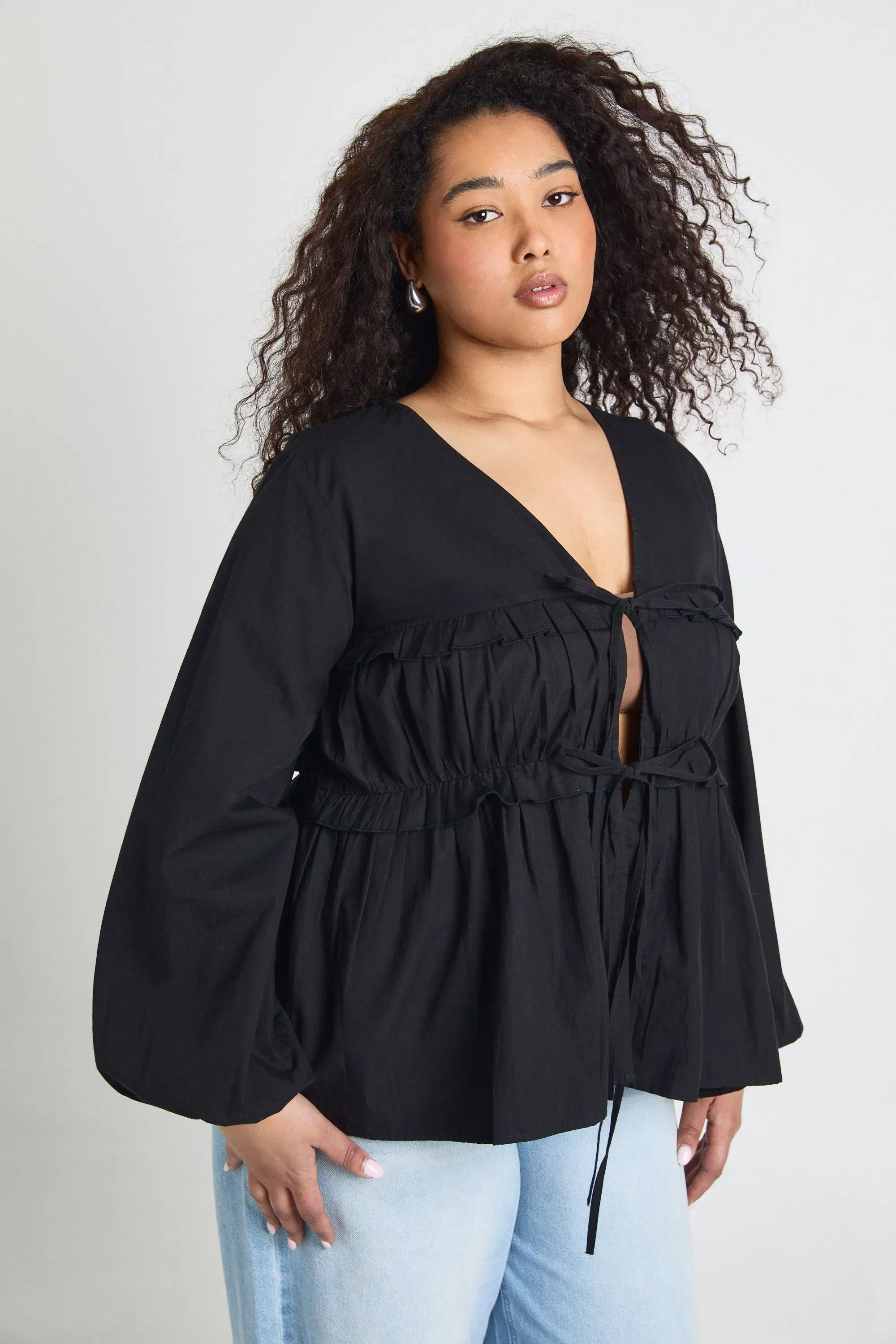 Plus Ruched Tie Front Detail Smock Top