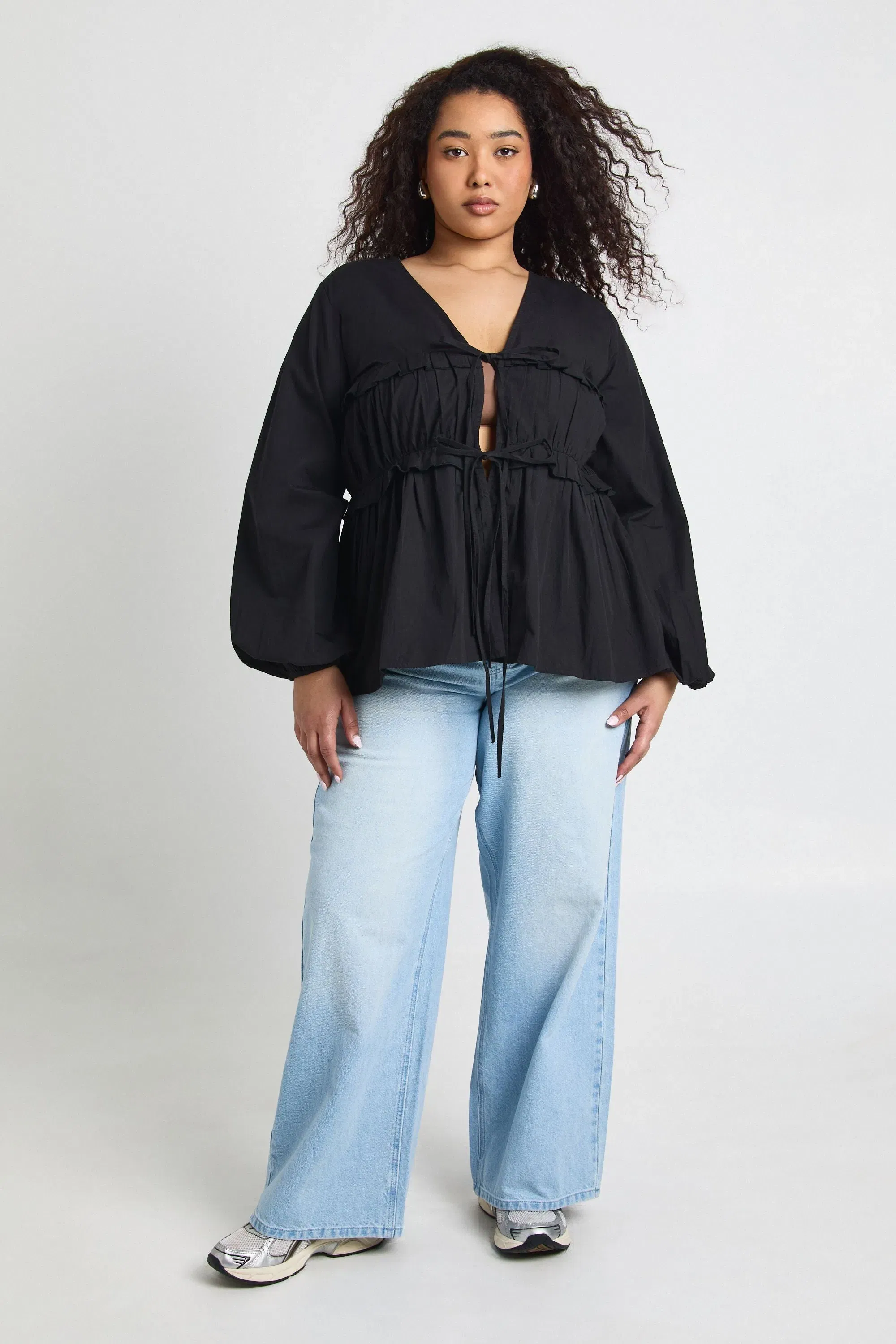 Plus Ruched Tie Front Detail Smock Top