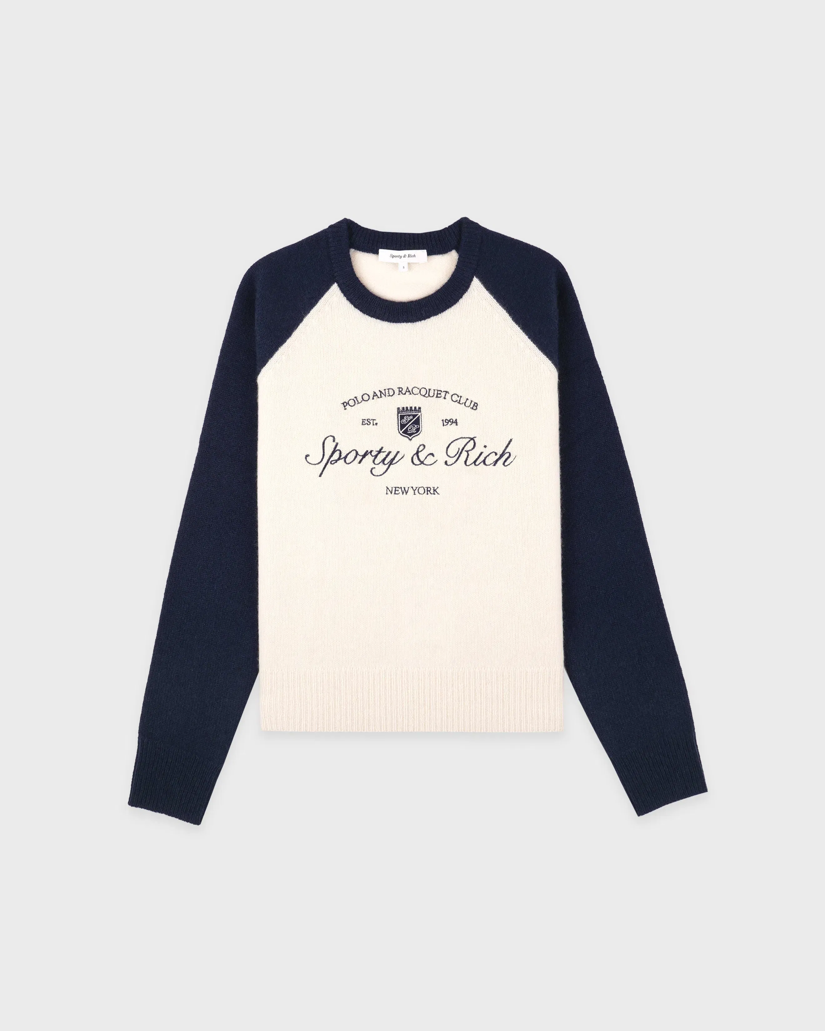 Syracuse Cashmere Baseball Sweater - Ecru/Navy