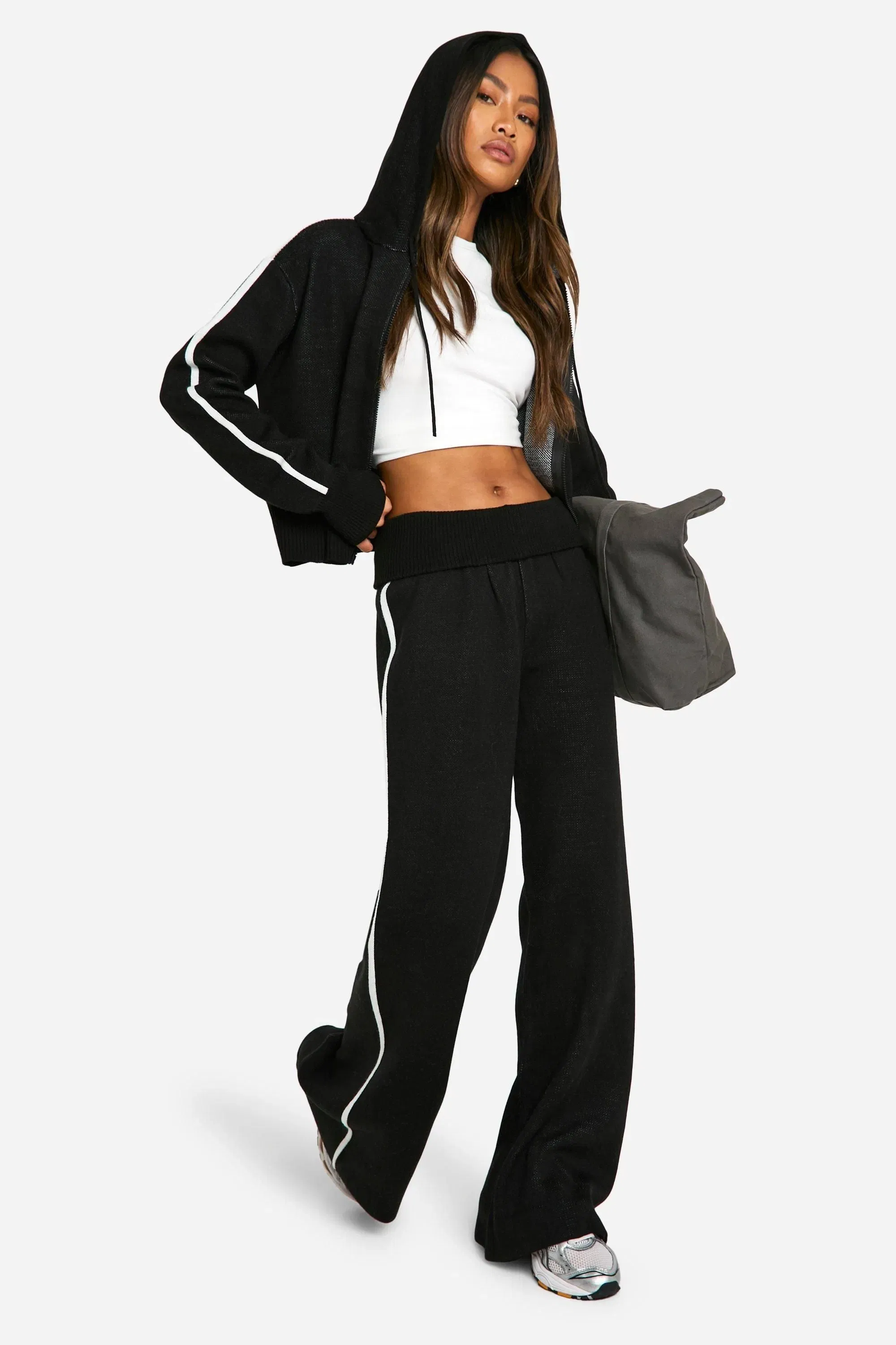 Stripe Detail Knitted Hoody And Waist Detail Flared Trouser