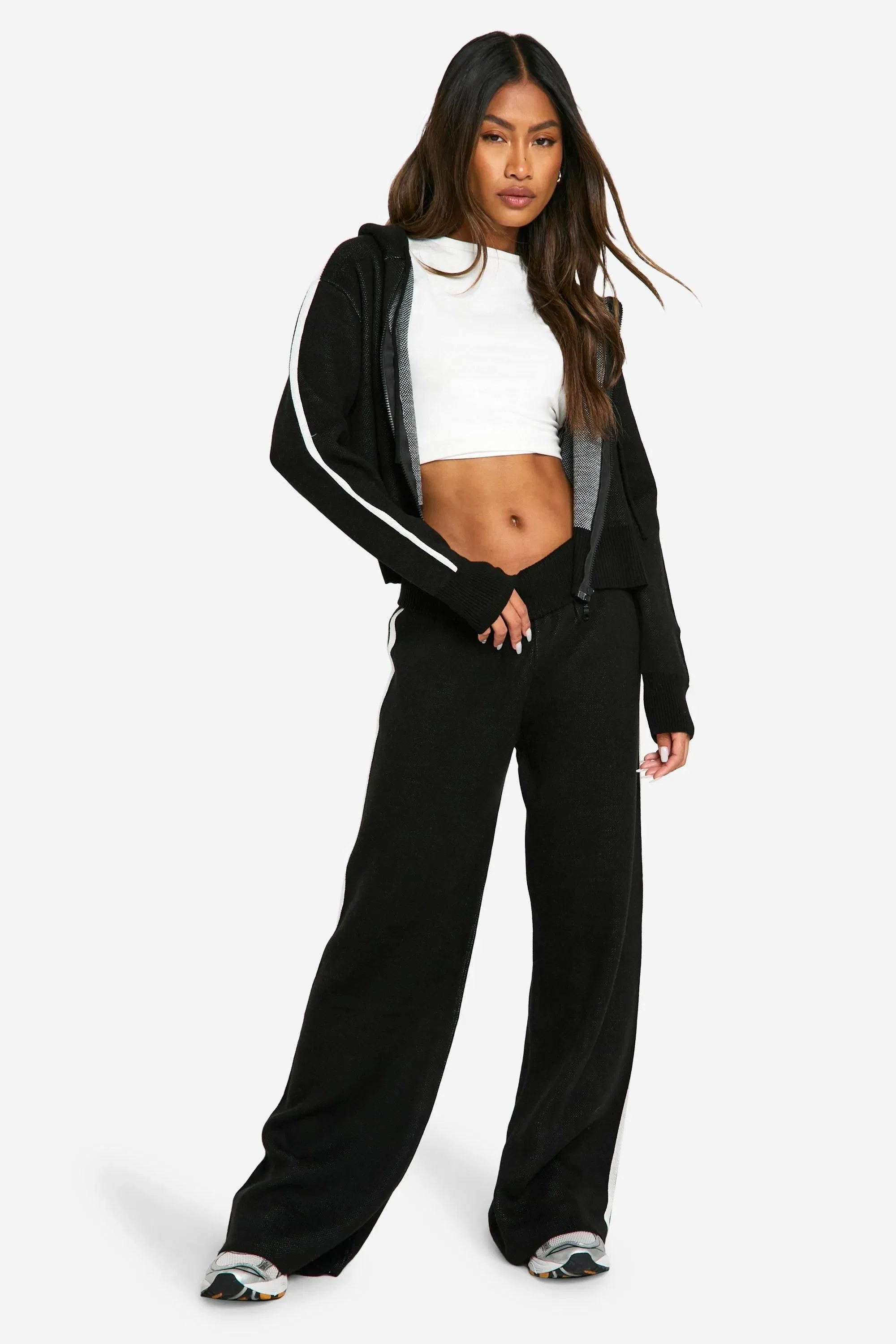 Stripe Detail Knitted Hoody And Waist Detail Flared Trouser
