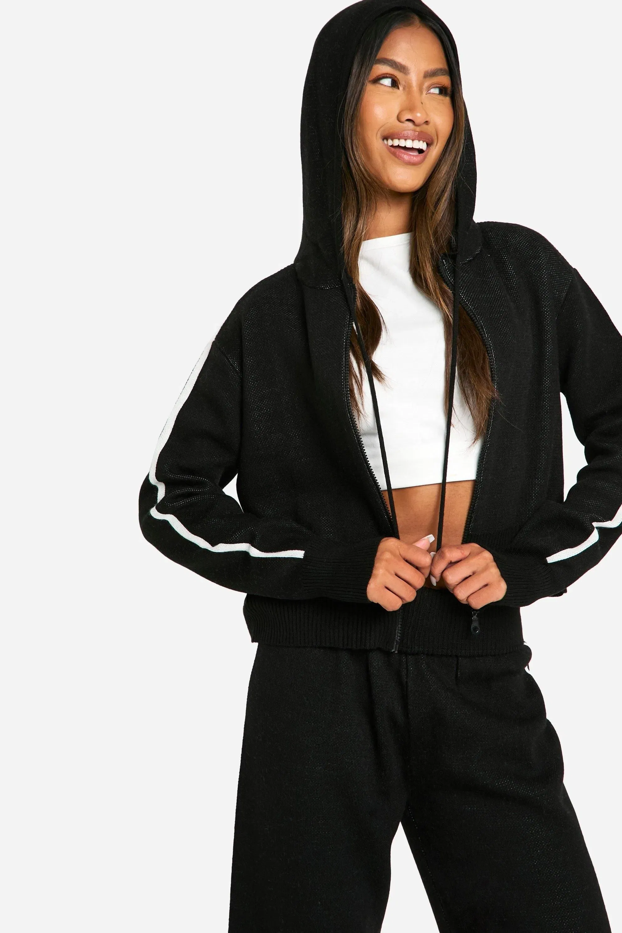Stripe Detail Knitted Hoody And Waist Detail Flared Trouser