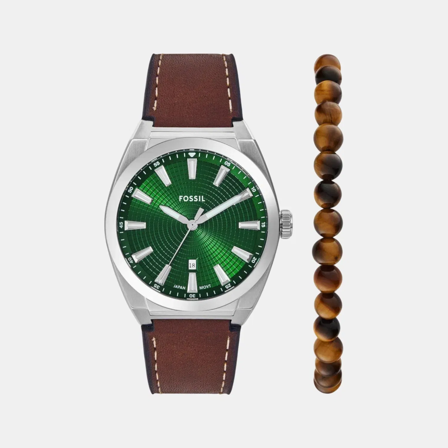 Fossil Everett Men Quartz Green Dial Analog Leather Watch Fs6080Set