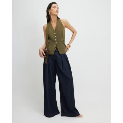 Khaki Scarf Neck Waistcoat