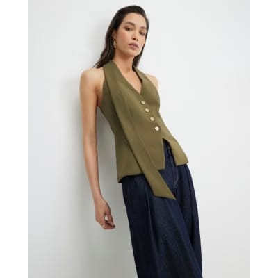 Khaki Scarf Neck Waistcoat