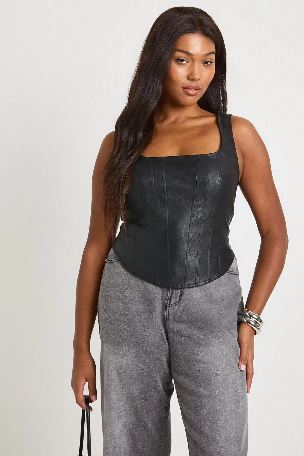 Plus Washed Faux Leather Dip Hem Corset Top