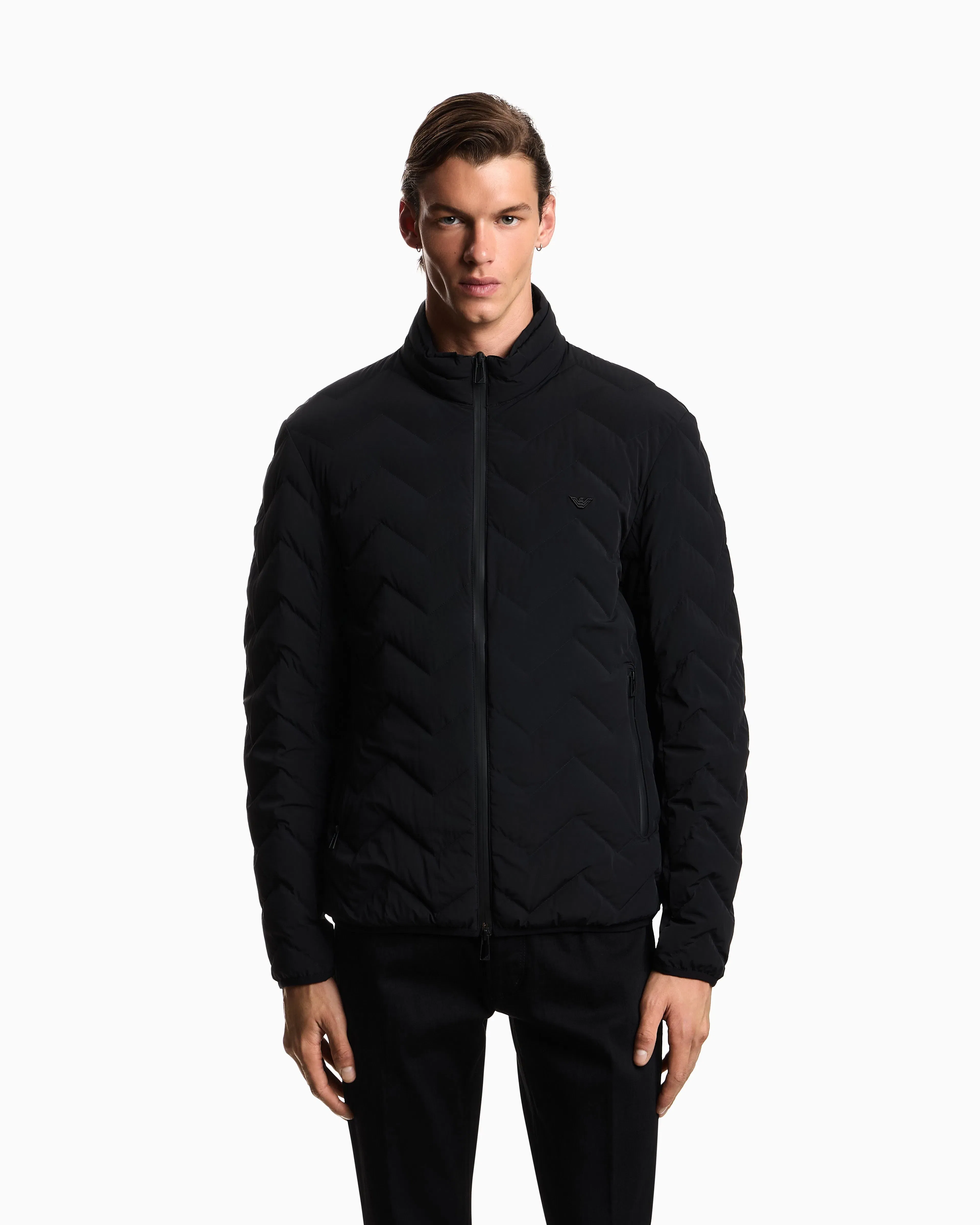 Emporio Armani Nylon down jacket with zip and chevron quilting Essential