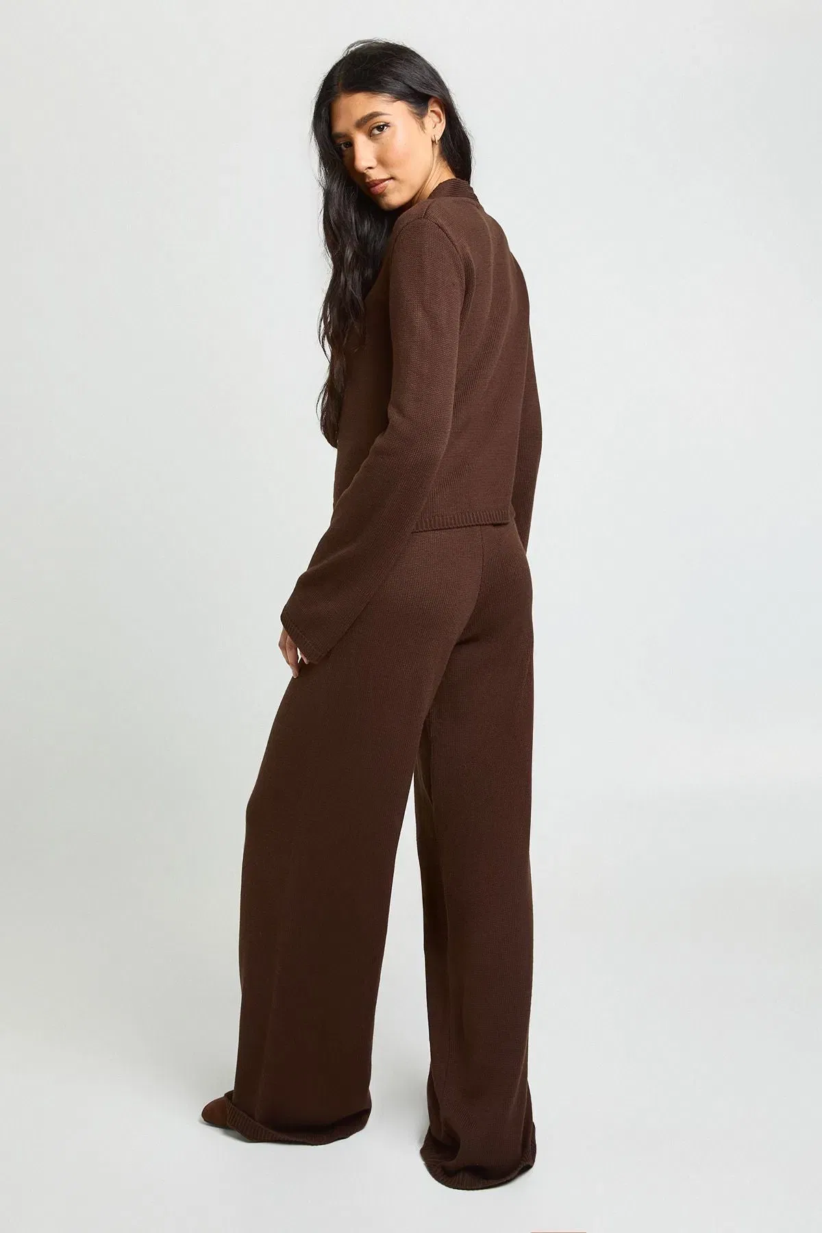Tall Collar Detail Button Down Knitted Cardigan and Straight Leg Trouser Co-Ord