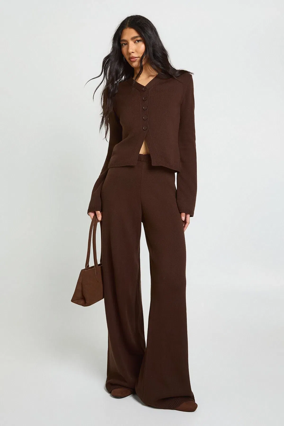 Tall Collar Detail Button Down Knitted Cardigan and Straight Leg Trouser Co-Ord