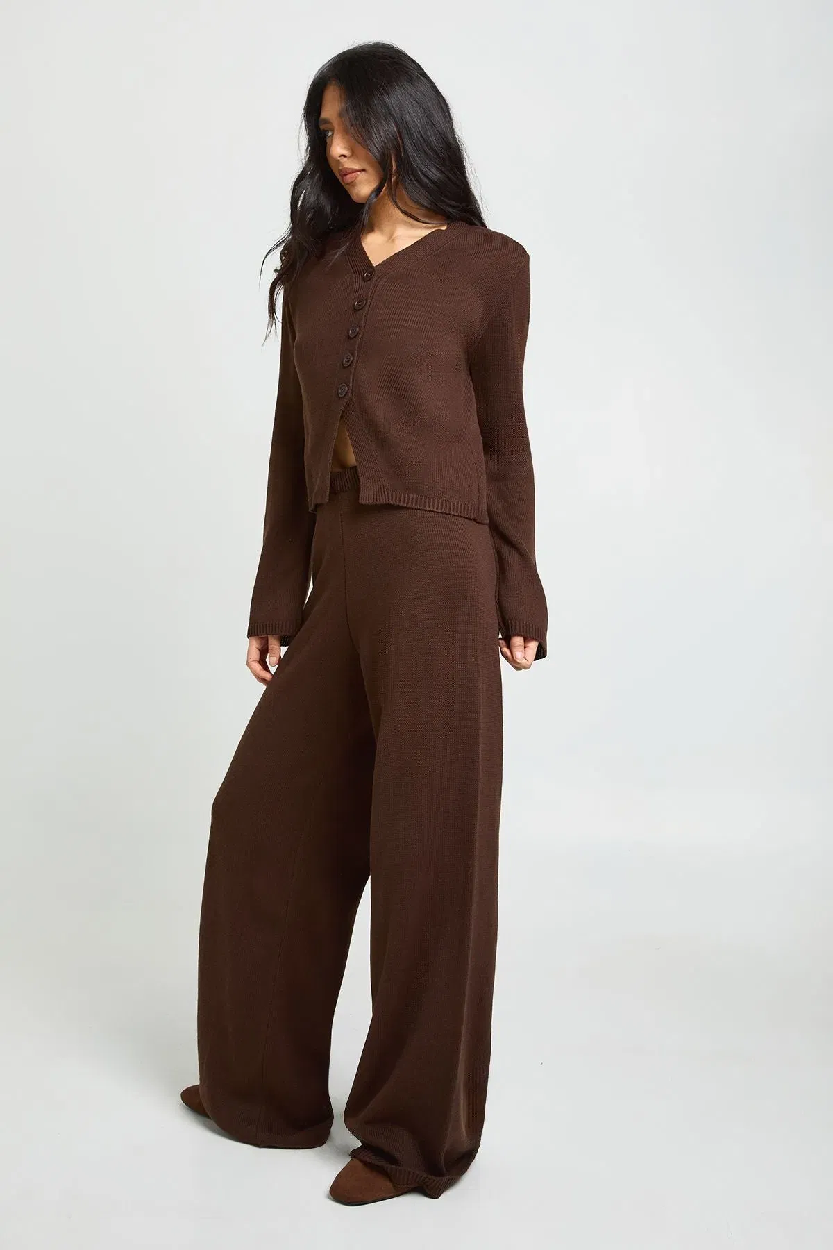 Tall Collar Detail Button Down Knitted Cardigan and Straight Leg Trouser Co-Ord