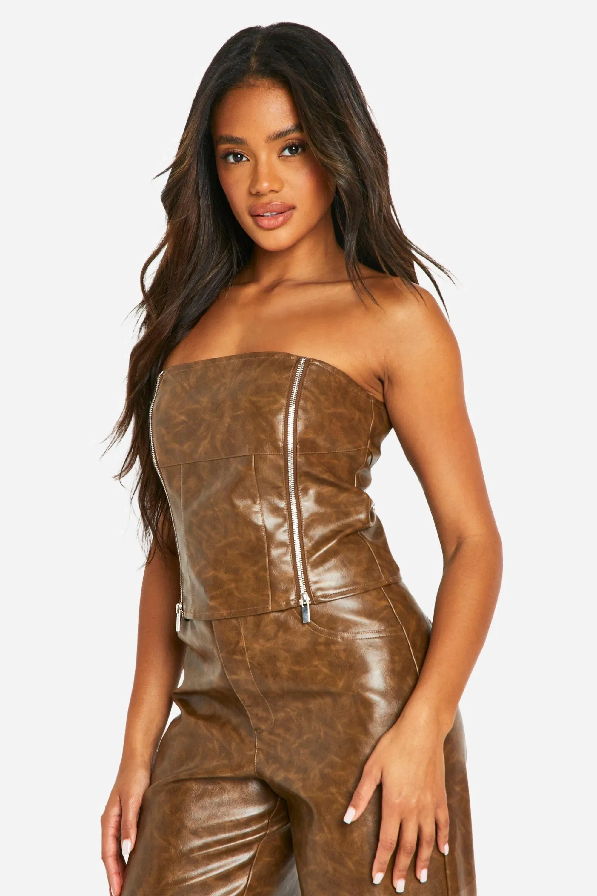 Washed Faux Leather Zip Detail Corset