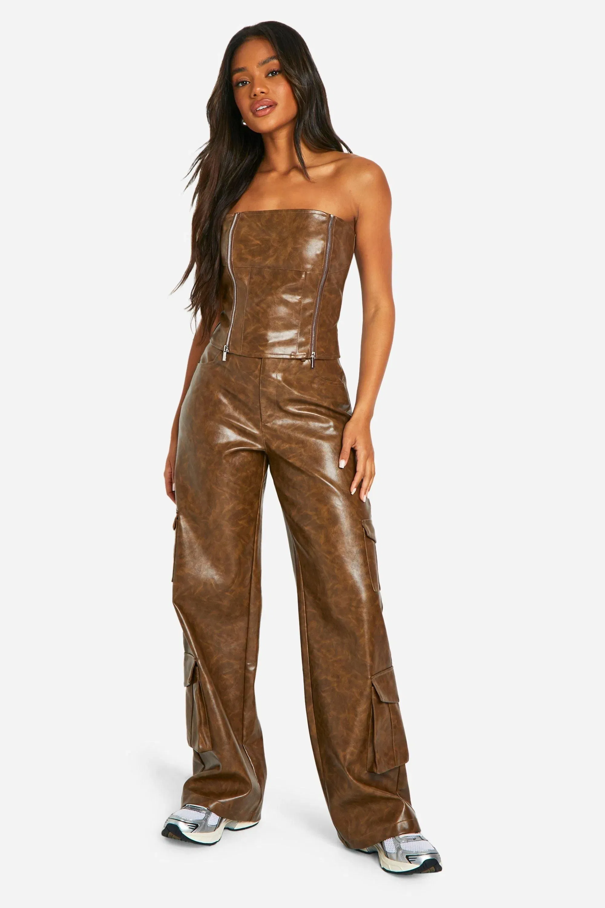 Washed Faux Leather Zip Detail Corset