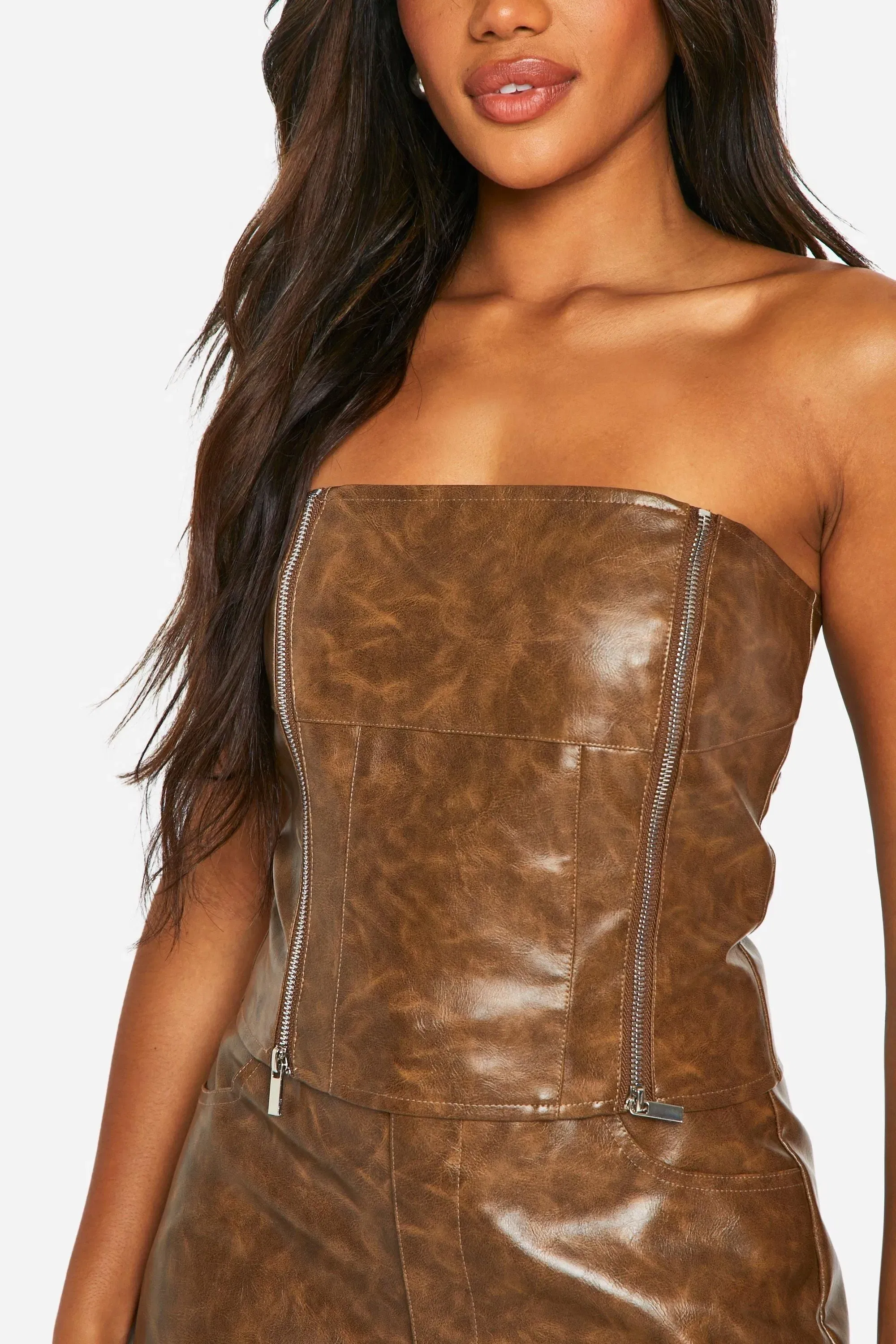 Washed Faux Leather Zip Detail Corset