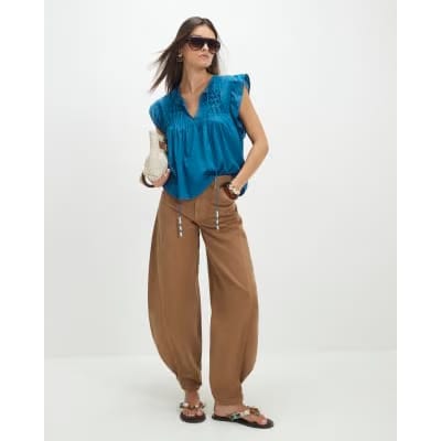 Blue Shirred Tie Neck Top