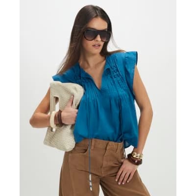 Blue Shirred Tie Neck Top