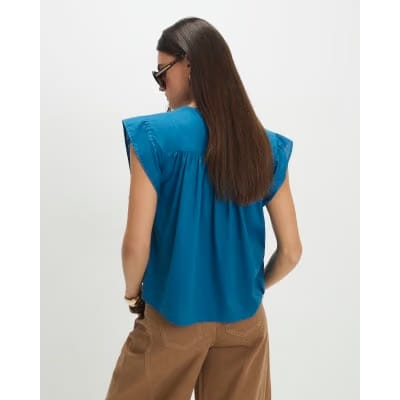 Blue Shirred Tie Neck Top