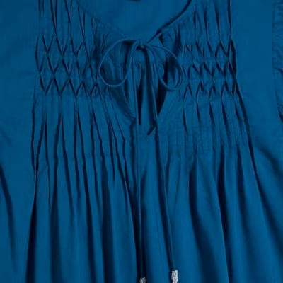 Blue Shirred Tie Neck Top