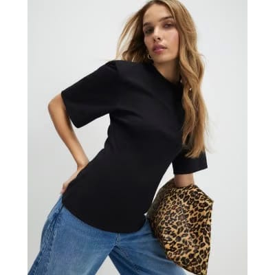 Black Short Sleeve Tie Back Seamed Top