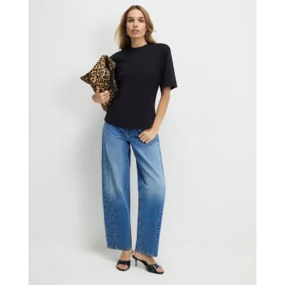 Black Short Sleeve Tie Back Seamed Top