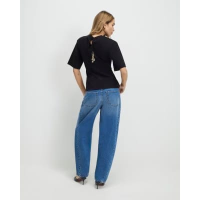 Black Short Sleeve Tie Back Seamed Top